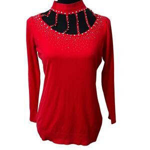 Lola B Women’s Rhinestone Sweater Sz Large Red Cut Out Super Soft Glamorous